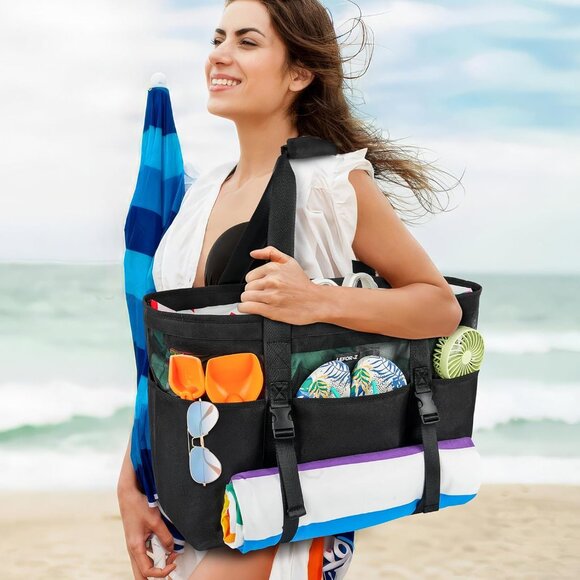 Women's Black with Front Buckles Mesh Beach Tote Waterproof Sandproof Beach Bag - Picture 7 of 8